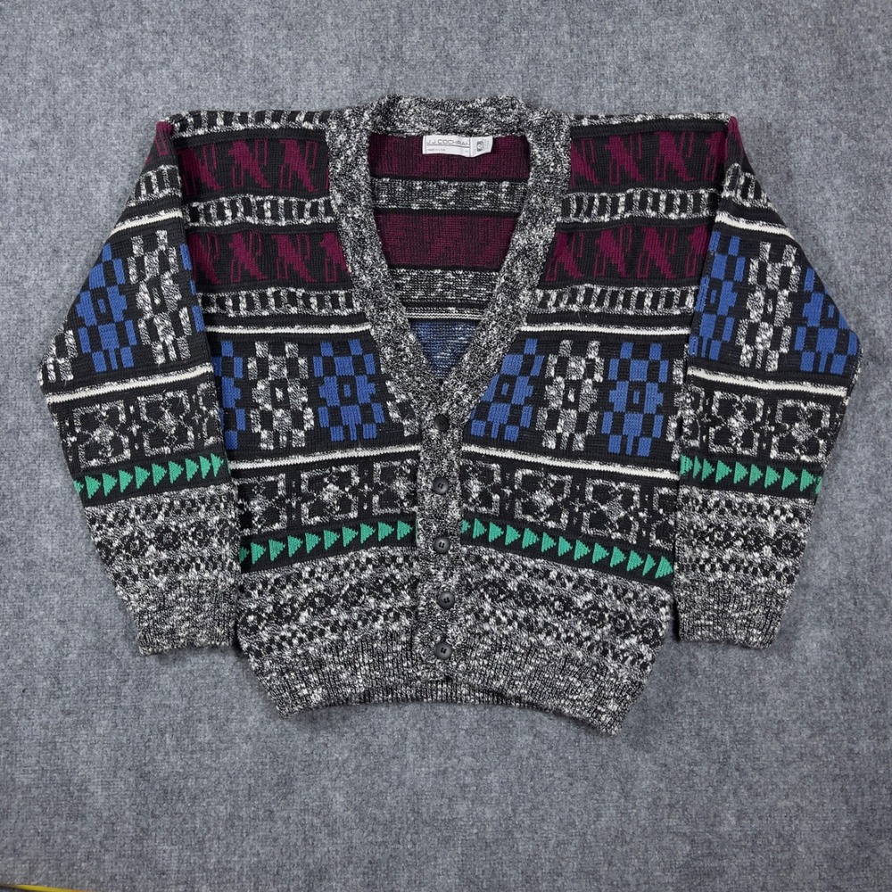 Vintage J.J. Cochran Cardigan Sweater Mens Medium Multi-Color Geometric 90s USA